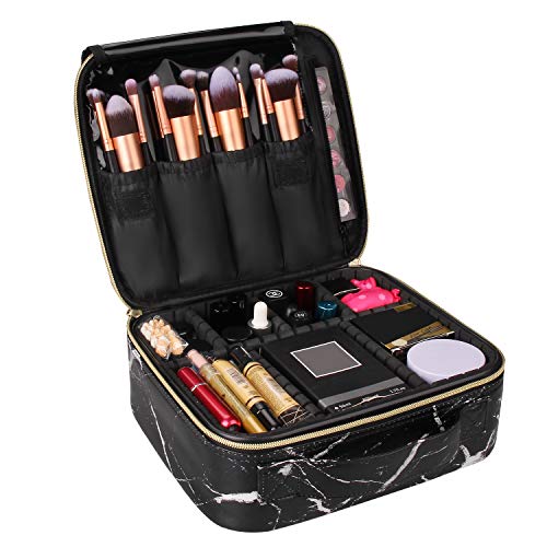 Relavel Marble Makeup Bag Large Makeup Organizer Bag Travel Train Case Portable Cosmetic Artist Storage Bag with Adjustable Dividers for Cosmetics Makeup Brushes (Marble black)