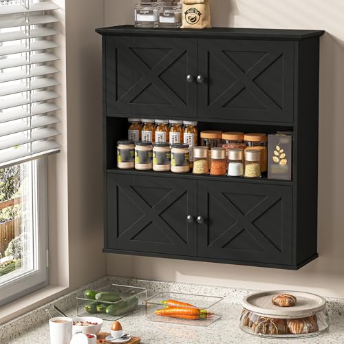 Image of Vabches Bathroom Wall Cabinet, Farmhouse Medicine Cabinet with 4 Barn Doors, Large Wooden Vintage Storage Cabinet Wall Mounted for Bathroom, Kitchen, Black