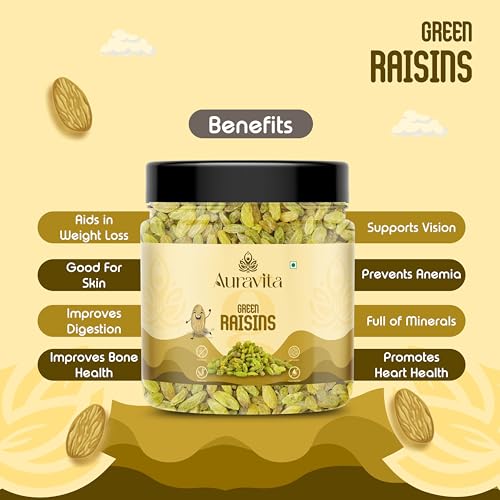 Image of Auravita Healthy Green Raisins 100GM | 100% Natural Dried Grapes (Kishmish) | Nutritious, Delicious & Healthy Snack | Source of Fibre in Nuts | No Preservatives in Dry Fruit