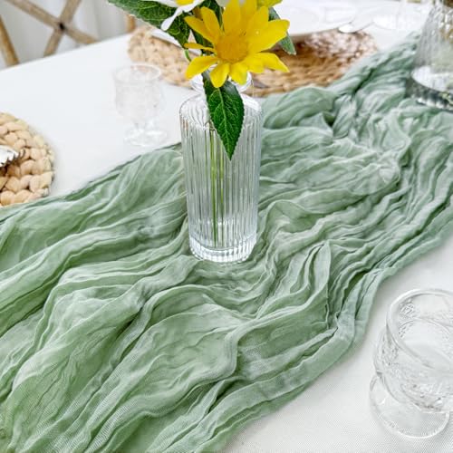 Sevenpers Sage Green Cheesecloth Table Runner, 90x300cm(35"x118"), Pleated, Boho Style - Image 4