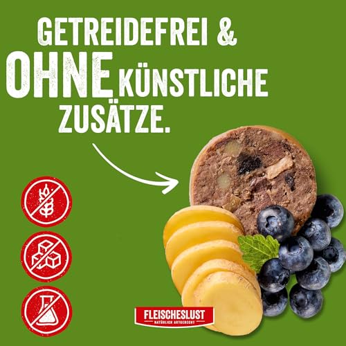 Fleischeslust Hundewurst | Wild & Rind mit Kartoffel & Heidelbeere | Futterbox (8x400g) | Nassfutter | schnittfest | getreidefrei | Alleinfuttermittel für ausgewachsene Hunde