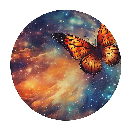 cfpolar Colorful Space Galaxy Butterfly Round Fitted Tablecloth with Elastic Edge Waterproof Wipeable Round Table Cover Cloth for Indoor Outdoor Party Dinner Fits Diameter 40-44 Inch Round Table