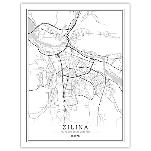 SONG Impression sur Toile, Zilina Slovaque Carte De La Ville Peinture Noir Blanc Simple Art Mural Affiche Cadre Moins Image, Peinture Verticale Moderne Café Bureau Décor À La Maison,70 * 100cm