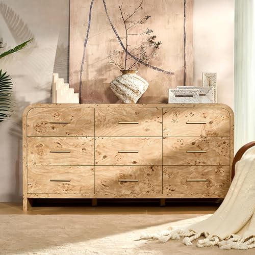 Image of Curved 9-Drawer Dresser for Bedroom, 63 inch Wide Modern Chest of Drawers, Vanity Desk TV Stand for Living Room, Closet Storage Drawers Organizer Furniture, Nursery, Hallway, Light Burl