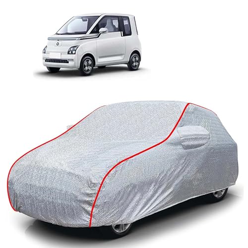 Image of Sulfar 100% Waterproof Car Body Cover Compatible with Mirror for MG Comet EV (Triple Stitched, Full Bottom Elastic, Magic Silver with Red Piping)