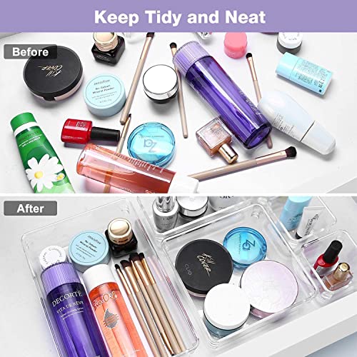 Image of Desk Drawer Organizers Trays Set Clear Plastic Storage Bins Bathroom Drawer Tray Dividers Vanity Trays Organizer for Bedroom Dresser Makeup Kitchen Utensil Office (16pc Set)