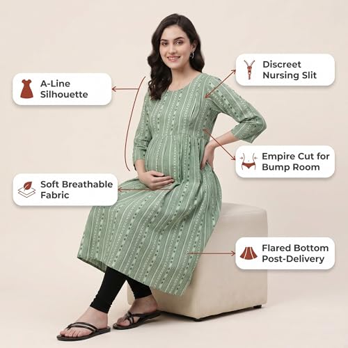 Image of CEE 18 Cotton Rayon A-Line Flaired Maternity Feeding Kurti for Women with Zippers | Pregnancy Dress for Women | Breastfeeding Dress for Women | Nursing Dress for Women Pre and Post Pregnancy