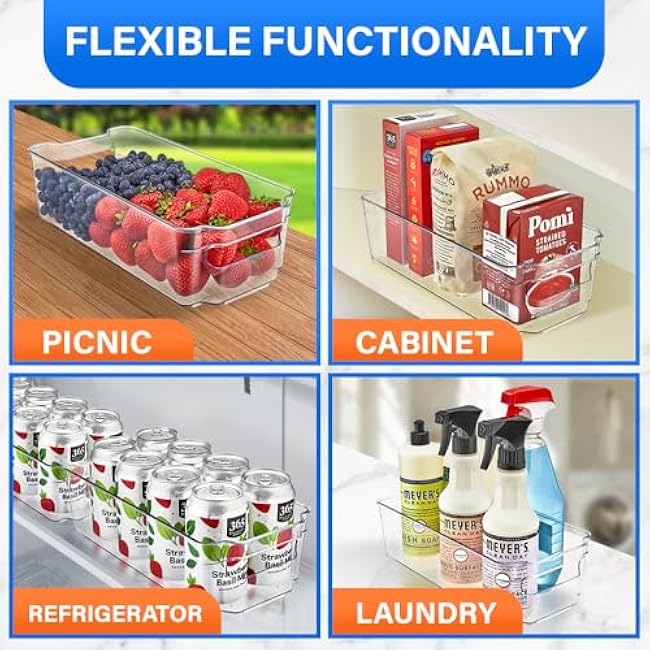 Multi-Purpose Refrigerator Bins - 4 Pieces Usable And Stackable Design Fridge Bin Organizer With Easy Grip Handles - Clear