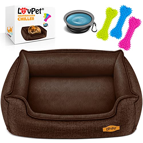 Lovpet® Hundebett Hundekissen Hundekorb Chiller, Inkl. Napf + 3X Kauknochen, Hundesofa Kissen für Kleine, Mittelgroße & Große Hunde, Bezug abnehmbar und waschbar, L 90 x 75 x 25 cm Braun