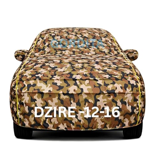 Image of Waterproof Car Body Cover for Dzire 2012-16 All Weather Protection Comes with Inner Cotton Lining & Triple Stitched with Mirror & Antenna Pocket Belt & Elastic Fit Army with Yellow Piping2