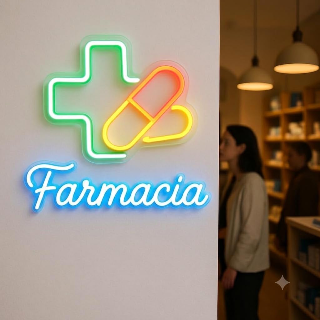 Letrero Farmacia Cartel Luminoso LED Escaparate, Decoración de Pared en Metacrilato, Luz Brillante, aproximadamente 60cm alimentación 12v