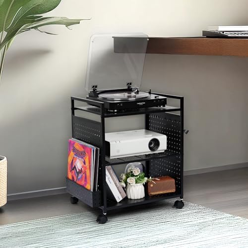 PLKOW Record Player Stand Audio-Video Organizer Rack, Rolling Media Stand for Vinyl Display, AV Components, Game Discs, Controllers & Headphones (Black) - Image 3