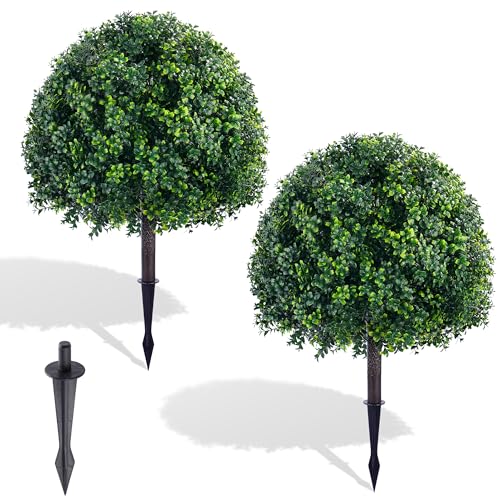 FONYICK 24.8 Inch Artificial Boxwood Trees 2 Sets Faux Boxwood Topiary with Spikes Pot Filler Fake Shrubs Plants for Outdoor PlantersFront Porch Decor Round Topiary Bush Balls Home Garden Spring