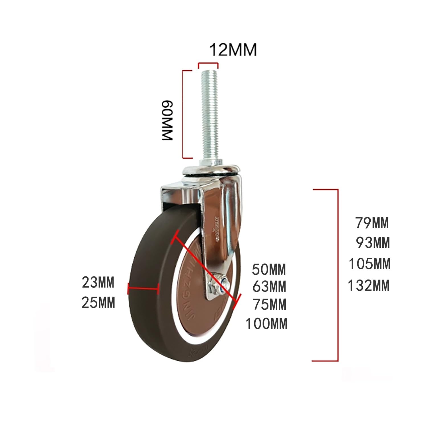2 Pollice Silenzioso Ruote con Freno, M12*60mm Perno filettato di 4, Gomma Ruote per Mobili/Carrello, Carico 290lbs(2girevole+2con Freno,100mm)