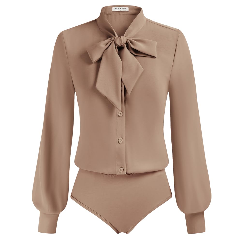 Kate Kasin Damen Blusenbody Elegant V-Ausschnitt Langarm Blusen Casual Business Outfit Blusen Tops