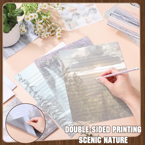 Image of TaoBary 160 Pcs Natural Scenery Stationery Paper and Envelopes Set | 8.5 x 11 '' Letter Writing Kit, 50 Double Sided Stationery Writing Papers 50 Matching Envelopes 60 Round Dot Sticker
