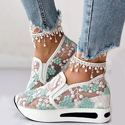 Wedge Floral Shoes Mesh Fashion Sneakers for Women Slip On Breathable Walking Shoes Women's Casual Embroidery Platform Sneakers Comfort Work Shoes High Heels Outdoor Travel Sports Shoes4
