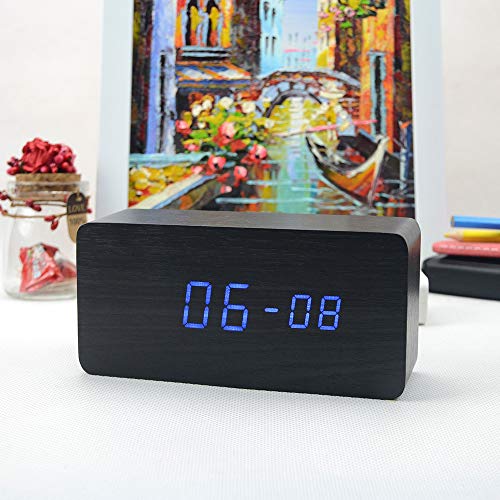 Honorall Despertador digital de madeira digital LED de madeira Relógio de data/hora/data Relógio de