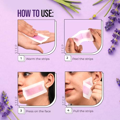 Image of Hilary Rhoda Women One Go Facial Wax Strips | Lavender Extract | Ready-to-Use for Upper Lip, Chin & Cheeks | Hair Removal Strips with 2 Wipes | Painless, Quick & Gentle Waxing | 20 Strips