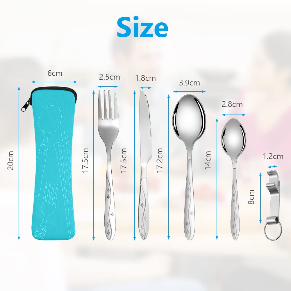 Vicloon Set di Posate con Custodia Portatile, 5 Pezzi in Acciaio Inossidabile con Apribottiglie, da Viaggio Coltello Forchetta Cucchiaio per Campeggio (Cielo Blu）