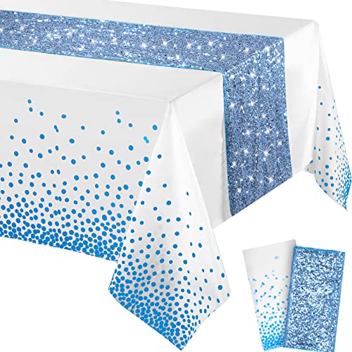 Image of Irenare 2 Pcs White and Blue Tablecloth and Sequin Table Runner Set Polka Dots Confetti Table Cover Dining Plastic Tablecloths Glitter Decorations for Birthday Wedding Anniversary Party Supplies
