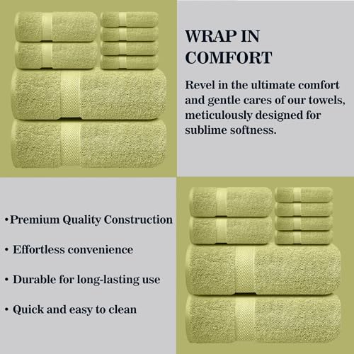 Image of Sulfar 100% Combed Cotton, 8 Pcs Towel Set - 2 Bath Towels (70 x 140 cm), 2 Hand Towels (40 x 70 cm) and 4 Face Towel (30 x 30 cm) (600 GSM, Pack of 8) Misty Green