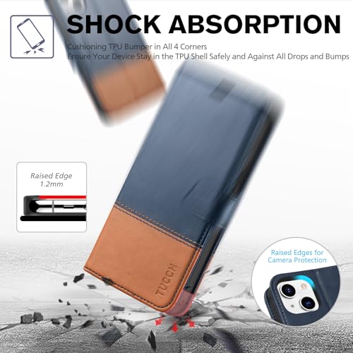 Image of TUCCH Wallet Case for iPhone 13 (6.1 inch) 2021, Flip Stand, Blue & Brown | RFID Blocking, 3 Card Holders, Kickstand, PU Leather, Shockproof TPU Shell, Magnetic Closure, Protective Folio Cover
