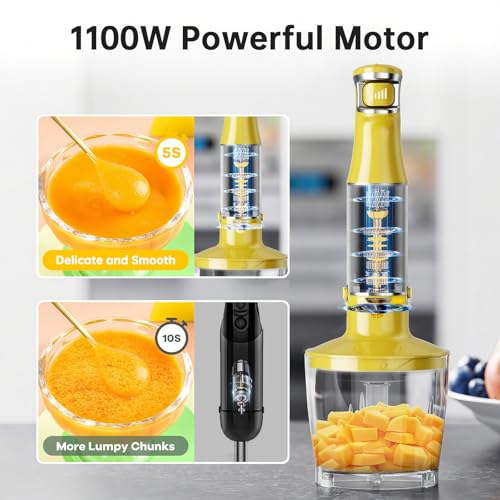 Image of Turelar Immersion Blender Handheld Corded Hand Blenders Set 1100W, Trigger Variable Speed 5 in 1 Stick Emulsifier with Chopper, Whisk and Frother for Soup, Baby Food and Smoothies, Yellow