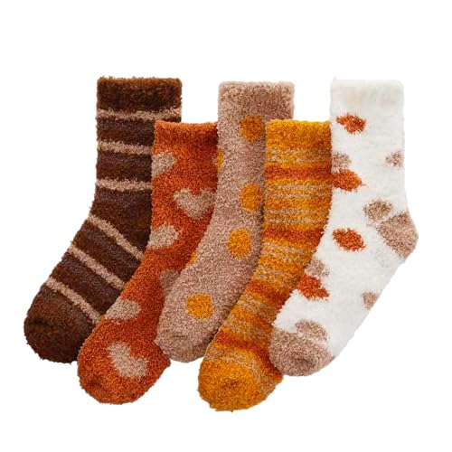 HYVOROS Women Fuzzy Socks - WarmCozy Slipper Socks for Women - Soft Fluffy Home Sleeping Socks 5 pairs (Caramel)