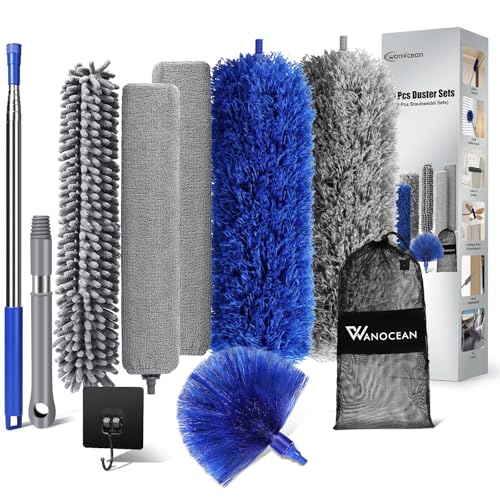 Staubwedel Teleskop Waschbar,10 Stücke Staubwischer Waschbar Spinnwebenbesen, Staubwedel mit Teleskopstange Lang Ausziehbar bis 250cm für Spinnenweben Hohe Decken (Blau + Grau)