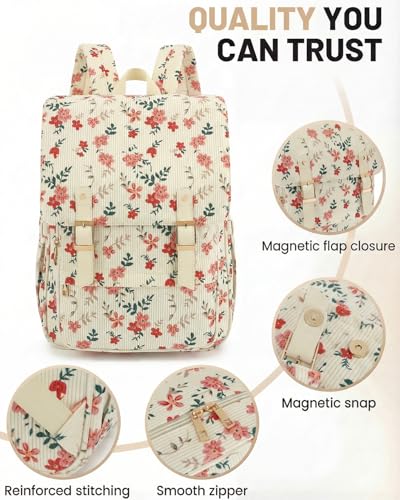 Image of Corduroy Laptop Backpack for Women, Fits 15.6 Inch Computer Bag, College High School Bookbag Travel Daypack Purse, Work Business Bags - Beige Corduroy Flowers Pink