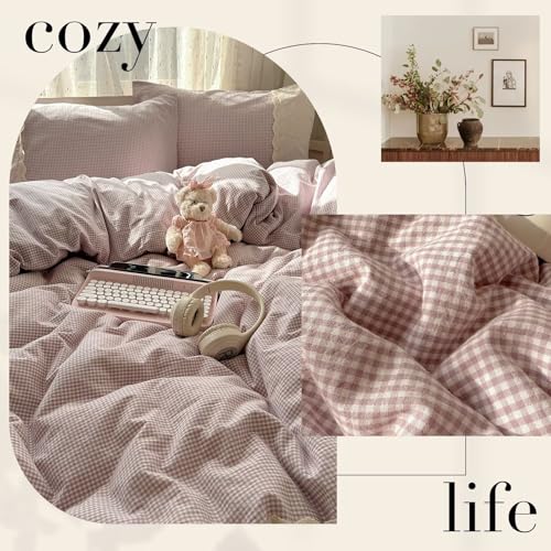 mixinni Purple White Gingham Duvet Cover Full Size - 3 Piece Cottagecore Plaid Bedding Set with Lace Trim, Soft Washed Microfiber Vintage Aesthetic Grid Comforter Cover & Pillow Shams by mixinni - Used condition - Image 6