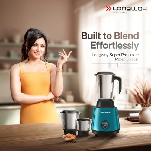 Image of Longway Super Pro Mixer Grinder | 500 Watt Powerful Motor | 3 Jars for Grinding, Mixing, Juicing (Teal & Black, 3 Jars)