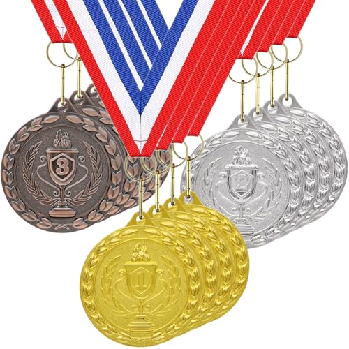 Donrime Medallas para niños, Juego de 12 medallas de día Deportivo de Metal Bronce Plateado Dorado con Collar de Cinta para los premios del día Deportivo, competiciones de Gimnasia
