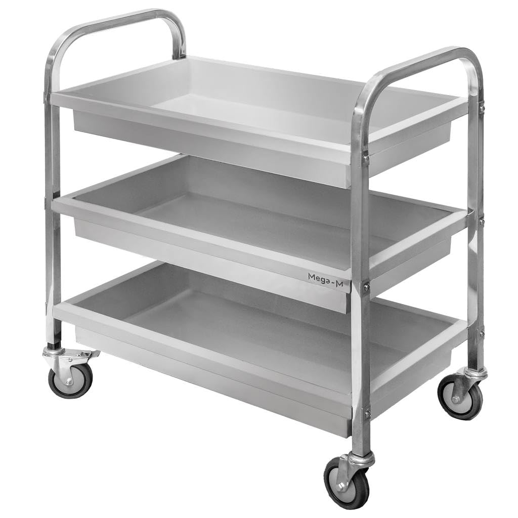 Mega-M Carrello da portata in acciaio inox, 3 piani, 85 x 45 x 90 cm, con 4 ruote e freni, colore: argento/nero, telaio in alluminio