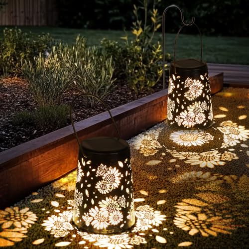 Ketom Solarlampen für Außen Hängend/Stehend, 2 Stück Retro LED Solar Laternen, IP65 Wasserdicht Metall Solarlaternen, für Garten, Draußen, Patio, Weg, Camping, Rasen, Schwarz(Sonnenblumenmotiv)