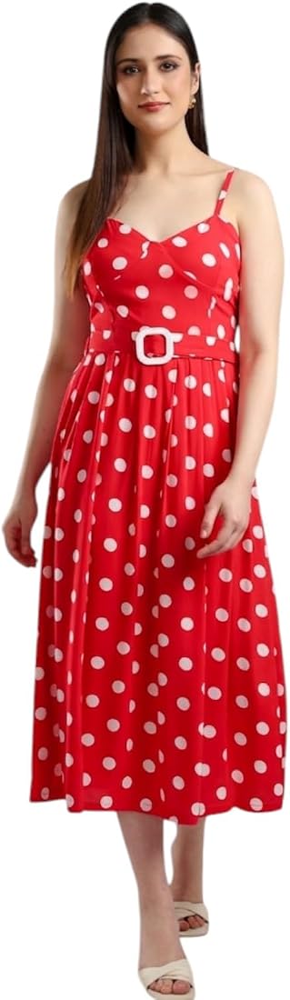 slim fit dress slacks Kotty Red Polka Dot Print Puff Sleeve Fit & Flare Midi Dress – KOTTY main image 1