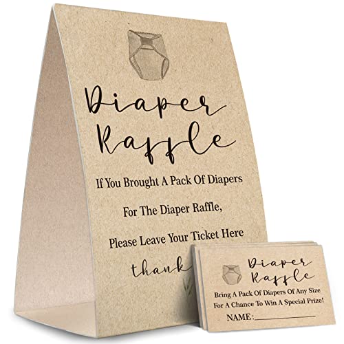 Image of Tesedupoole Kraft Paper Diaper Raffle Sign,Diaper Raffle Baby Shower Game Kit (1 Standing Sign + 50 Guessing Cards),Baby Showers Decorations,Card for Baby Shower Game to Bring a Pack of Diapers-NPZ03