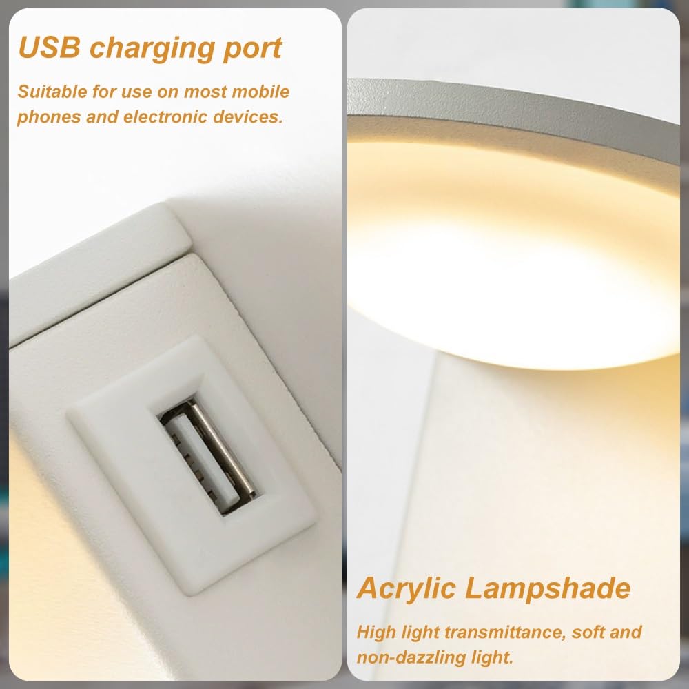 Jadssox Wandleuchte LED mit Schalter und USB-Anschluss - Drehbare Spotbeleuchtung 350°+90°, Warmweiß 3000K für Bettkopf, Nachttisch, Wohnzimmer und Schlafzimmer(White)