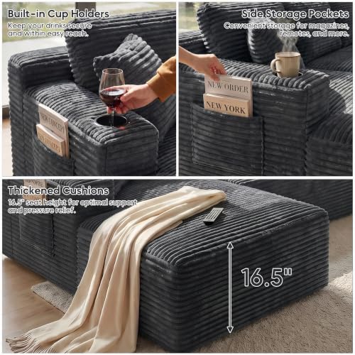 Image of 133 inch Oversized Cloud Boneless Sofa Couch with Chaise, Modern Corduroy U Shaped Modular Sectional Sofa with Deep Seat, Comfy Couch with Cupholders and Storage, No Assembly Required-Grey