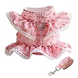 Dog Dress Harness Vest with Leash Set, Pink Flower Puppy Harness, Cute Doggy Lace Princess Clothes, Soft Breathable Mesh, Outdoor Walking Harness for Small Medium Dogs Girl Chihuahua Yorkie Teddy