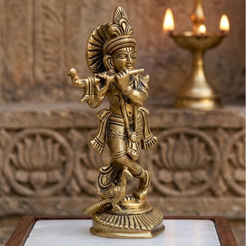 Image of Brass Krishna Ji Idol, Vastu Remedy for Love & Harmony (16 cm, 635 g)