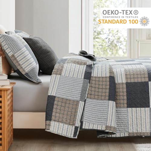 Finlonte Quilt Set Queen Size - 100% Cotton Queen Comforter Set, Plaid Quilted Bedspread Farmhouse Country Bed Spread, Lightweight Reversible Quilt Bedding Set All-Season, Gray/Brown/Black/White, 3Pcs - Image 3