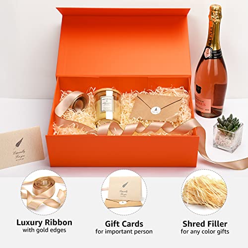 Image of LIFELUM Gift Boxes Bulk, 13.85 x 8.35 x 4.45 inch 1 Pack Orange Gift Boxes with Lids Contains Card, Ribbon, Shredded Paper Filler Gift Boxes for Birthdays, Baby Shower, Bridal Gifts,Weddings