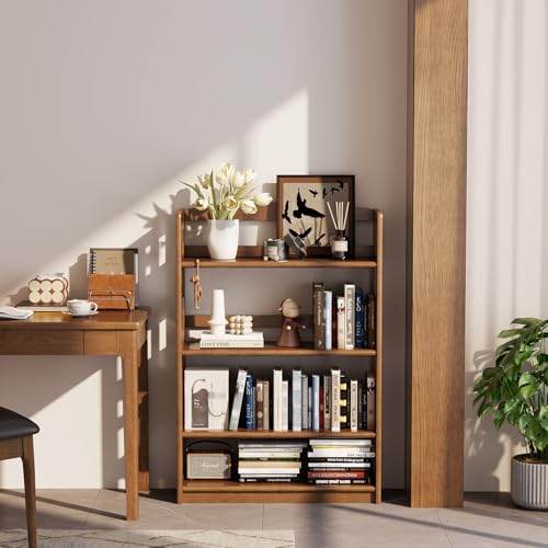 Image of AnywaysWood 4 Tier Solid Wood Open Shelf Bookcase,Modern Wooden Display Bookshelf,Farmhouse Wide Bookshelves, Freestanding Storage Cabinet for Study Room Office Living Room sunroom