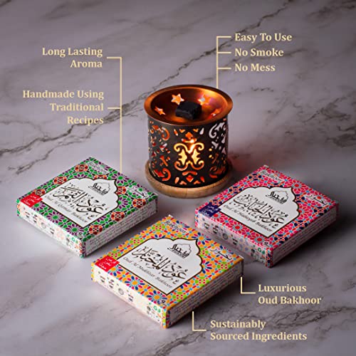 Oud Al Mukhtar, Oud Al Qamar, Oud Al Habayeb Bakhoor عود بخور By Dukhni - (3 Trays X 9 Piece Each) & Taj Exotic Burner مبخرشمعدان | Perfect For Prayer & Meditation. Great Gift #TOP2