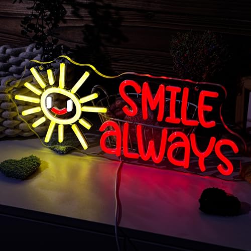 Image of Smile Always Neon LED Sign with Happy Sun Red Yellow Sunshine Gift for Friends Kids Teenagers Positive Quote for Classroom, Office, Bedroom, Man cave, School Nursery Wall Decor