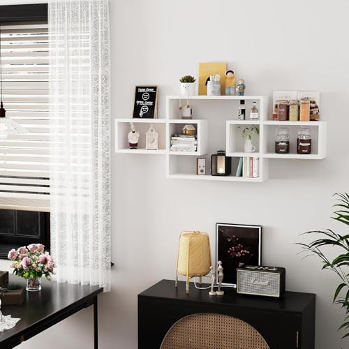 Image of Wooden Wall Shelves for Living Room, Bedroom Wall Mounted Rectangle Bookcase, Intersecting Wall Shelves for Storage Modern Decorative Display Shelves for Wall Decor (White)