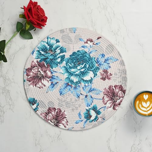 Image of LaVichitra Cotton Table Placemat | Dining Table Mat | Bed Side Table Mat | Cotton Round Shape Placemats | Washable PlaceMat for Shelves & Plant Pots - Pack of 4, Blue Rose