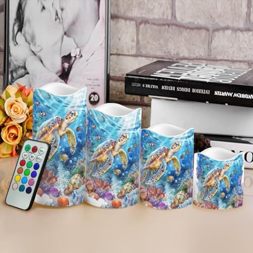 Image of Sea Turtle Pillar Candles Bulk Led Flameless Battery Operated Candles with Timer Remote Color Changing Electric Fake Candles for House Warming Home Decorations Set of 4
